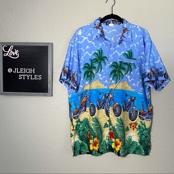 Vintage 90’s Motorcycle Blue Hawaiian Shirt Medium - Picture 1 of 6